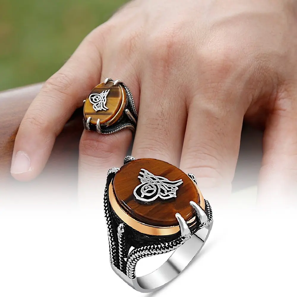 

Claw Design Tuğra Motif Tiger 'S Eye Gemstone 925 Sterling Silver Men 'S Ring