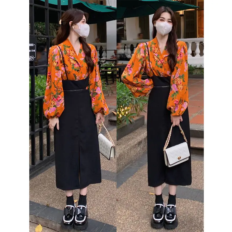 

2022 Women's Spring Autumn New French 2 Piece Sets Female Long Sleeve Floral Shirt Tops + Sling Loose Dress Ladies Suits D266