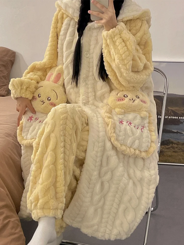 Usaage Nightgown Autumn and Winter 2024 New Coral Fleece Pajamas Women Thickened plus Velvet Bathrobe Home Wear Set