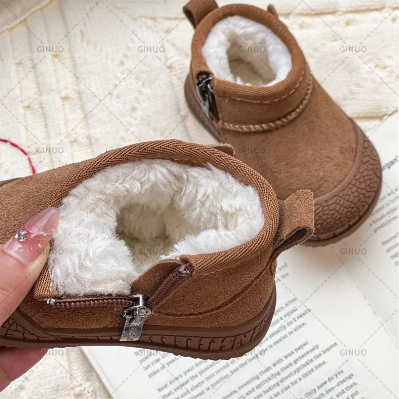 2024 New Winter Baby Snow Boots Leather Warm Plush Infant Shoes Zip Side Soft Sole Fashion Toddler Boys Girls 15-30