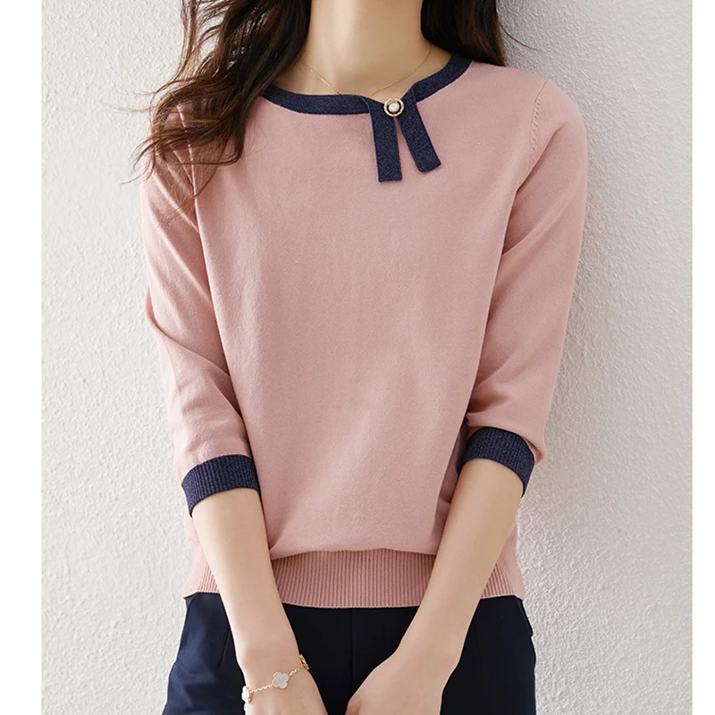 

Tshirt Women 2022 Korean Style Elegant O Neck Short Sleeve Knitted T-shirts Casual Summer Thin Pink T-shirt Woman Clothes Tops