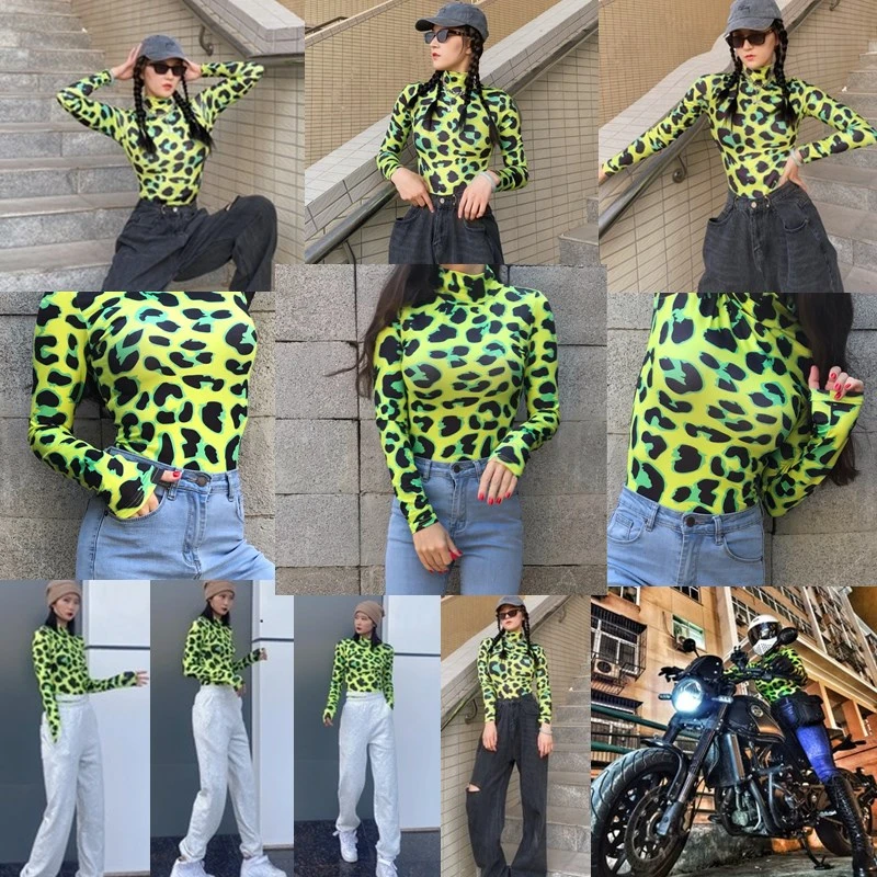 Leopard Skin Print Sexy Rompers Jumpsuits 2022 Fashion Long Sleeve Jumpsuit Skinny Leopard Tops Bodysuit Bottoming Shirt Women