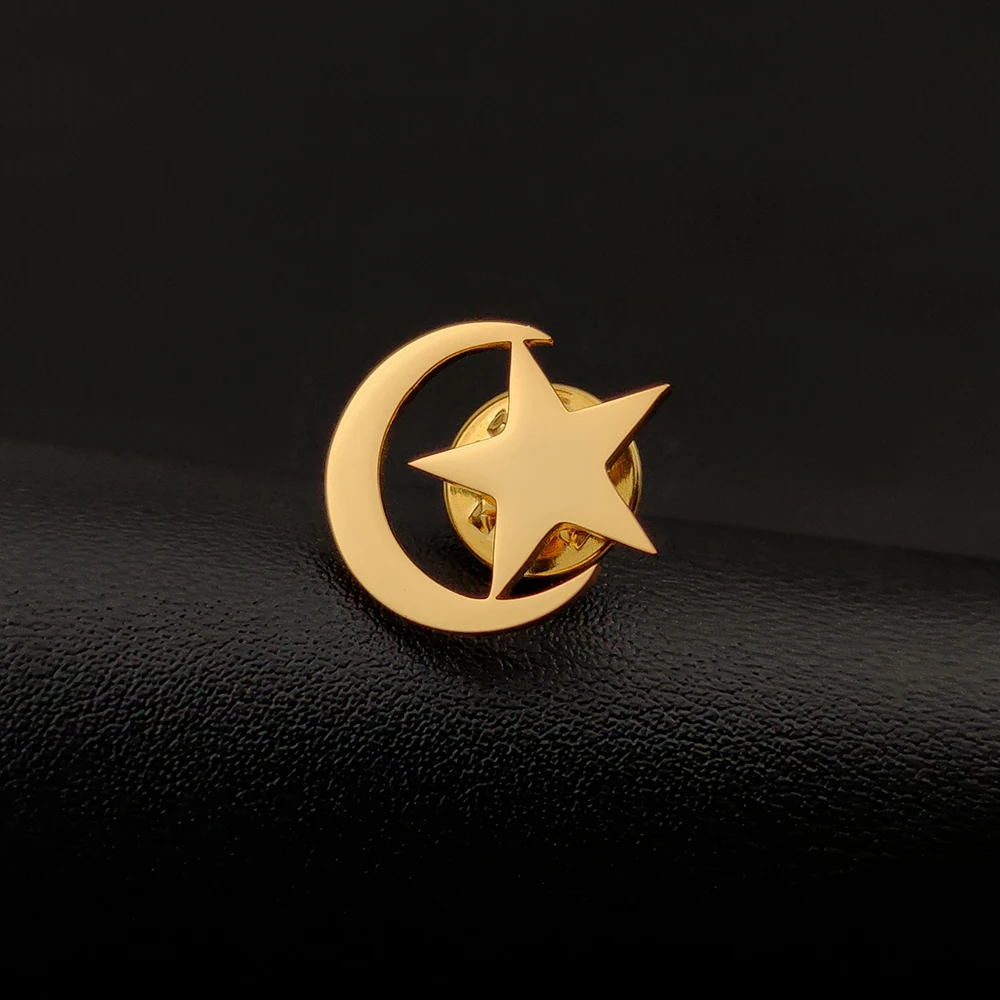 Islam Star Moon Men Brooch With Butterfly Buckle Stainless Steel Religious Amulet Vintage Suit Shirt Sets Wedding Gift For Boy