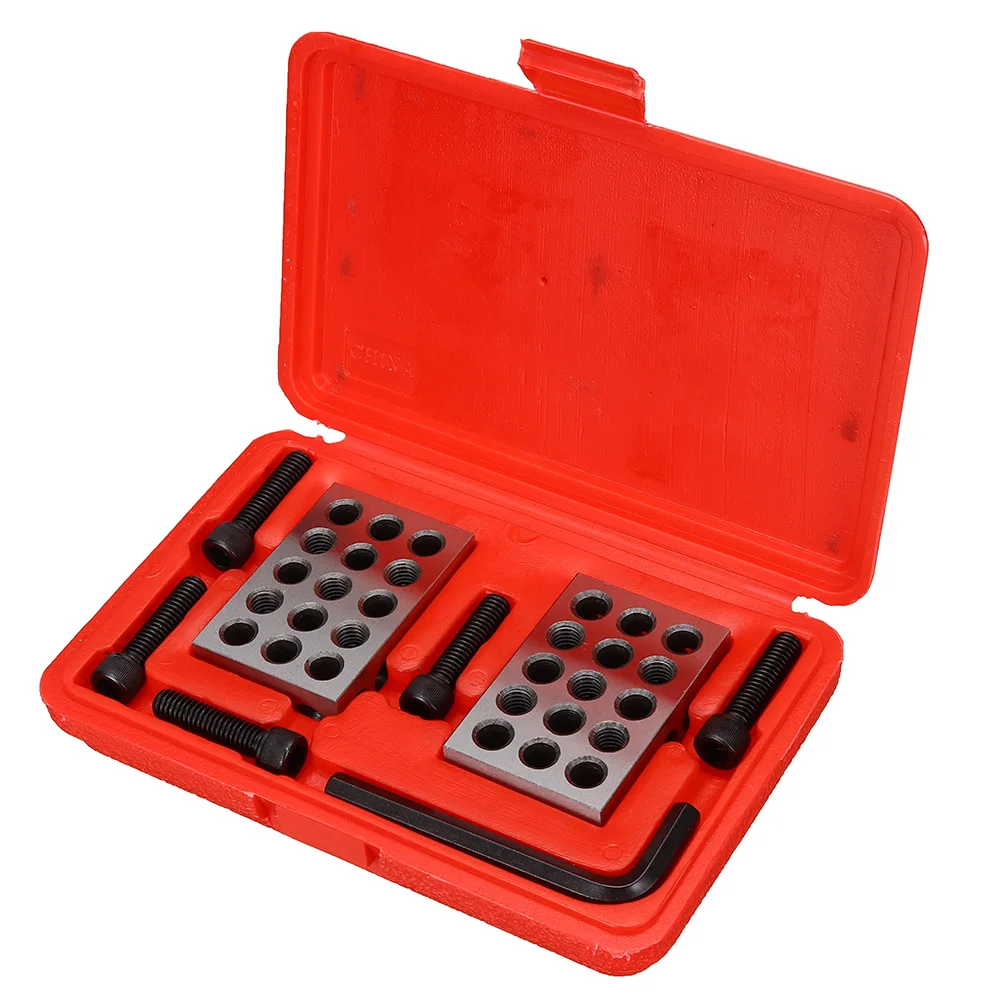 

1-2-3" Blocks With Screw Spanner Parallel Clamping Block Set Silver 23 Holes 25-50-75mm Block Measuring Tools With Red Box Kit