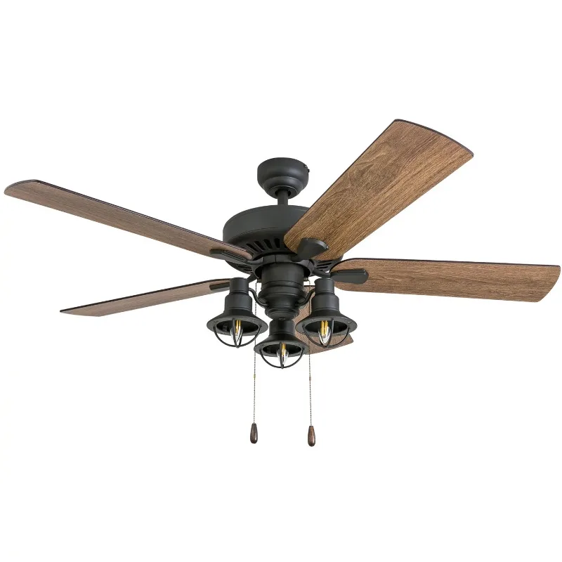

Prominence Home Ennora 52" Bronze Farmhouse Ceiling Fan with 5 Blades, 3 Arm Cage Light Kit, Pull Chains & Reverse Airflow