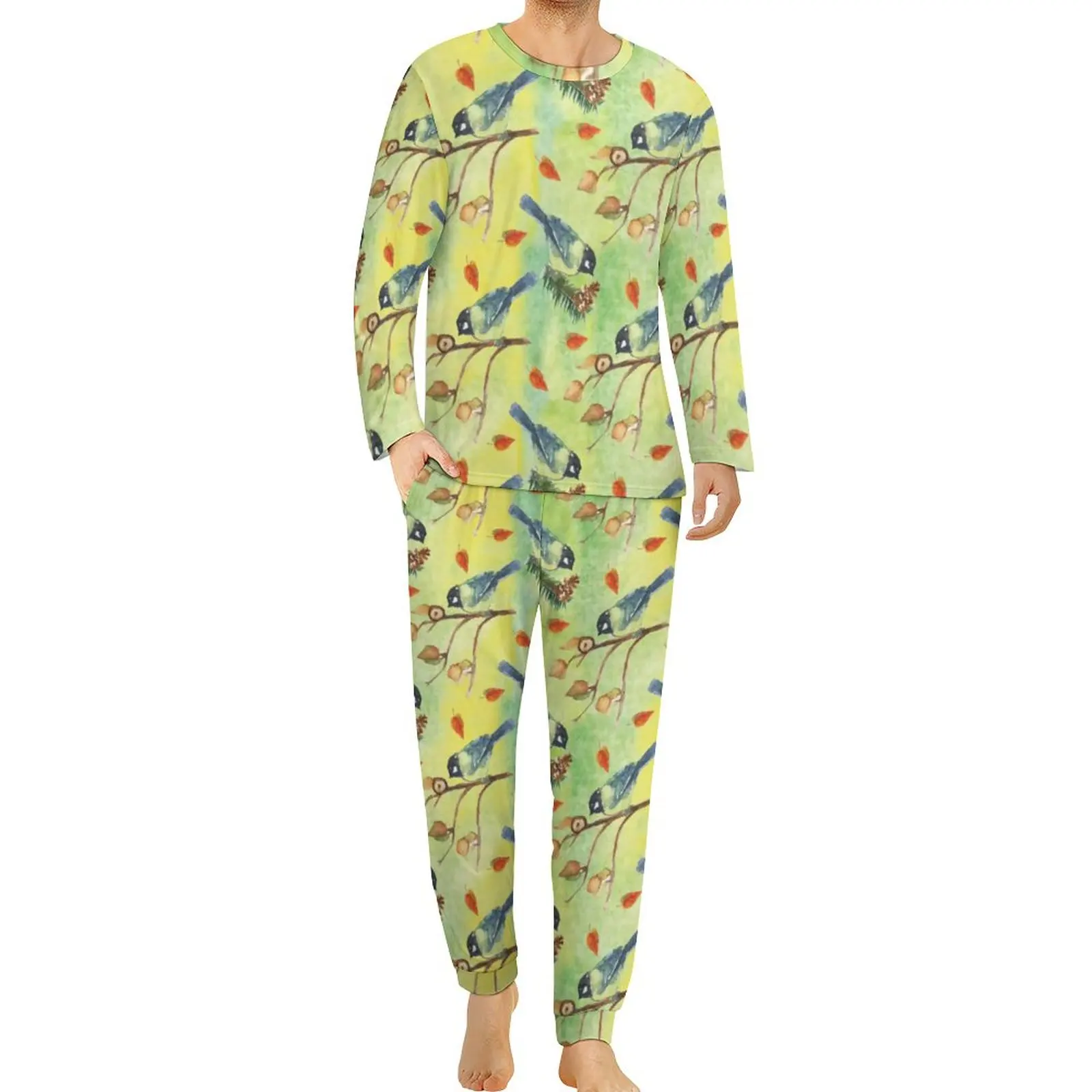 Watercolor Birds Pajamas Long Sleeve Woodland Animal 2 Pieces Home Pajamas Set Spring Male Graphic Retro Oversized Sleepwear