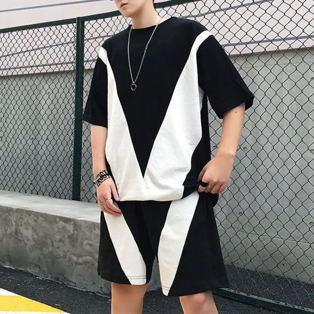 Men  sets Casual Hip Hop- Tshirts Fashion Patchwork Streetwear West Coast Popular Cargo Color Contrast Oversize