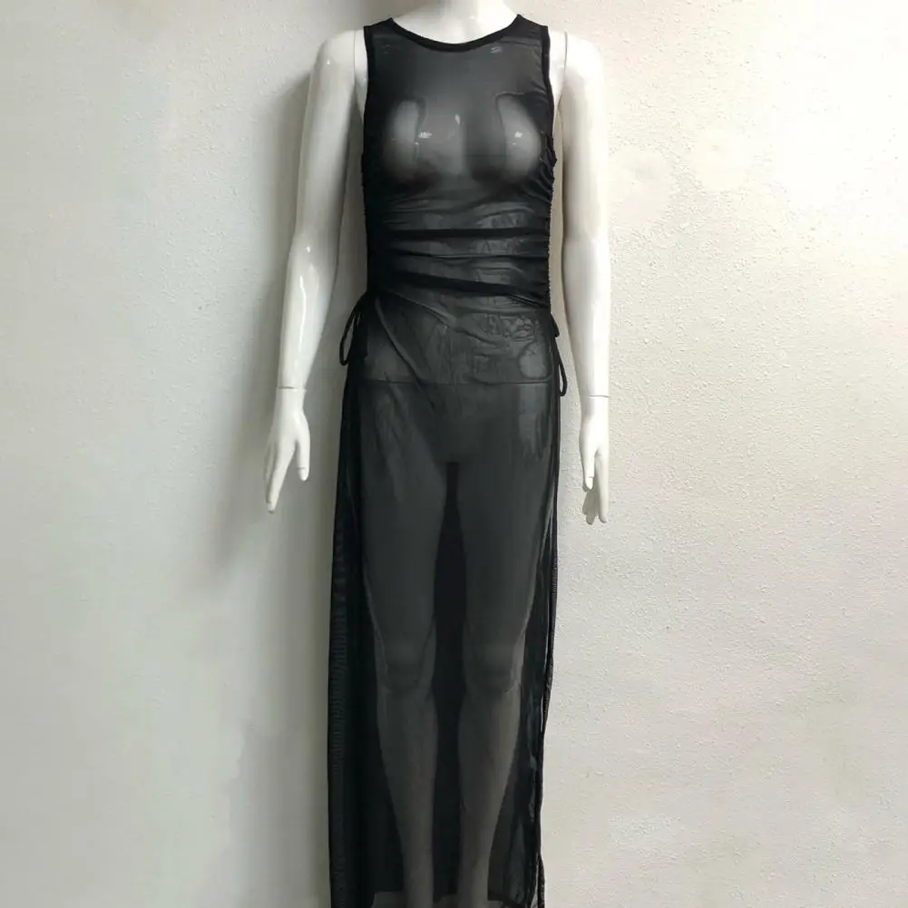 

Fashion Bikini Cover Up Bandage See-through Sleeveless Cover Up Dress O-neck Lace-Up Sunscreen Dress for Swimming Pool
