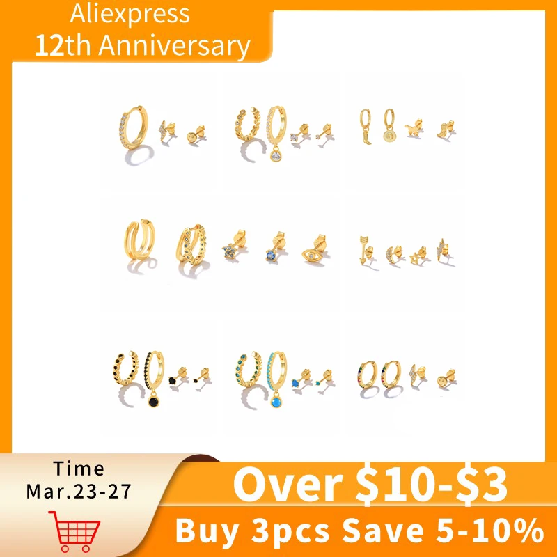 

CANNER Multi-size 925 Sterling Silver Hoop Earrings Zircon Moon Star Circle Earring For Women Retro Brincos oorbellen pendientes