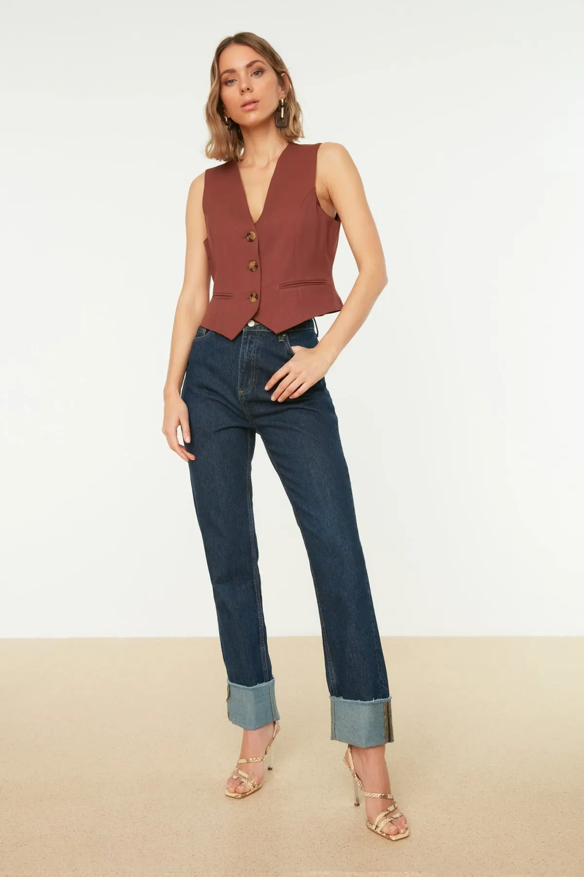 

Women's Jean Navy Blue Folded High Waist Bootcut Full Length Straight Pant Streetwear Female Buttons Zipper Ladies