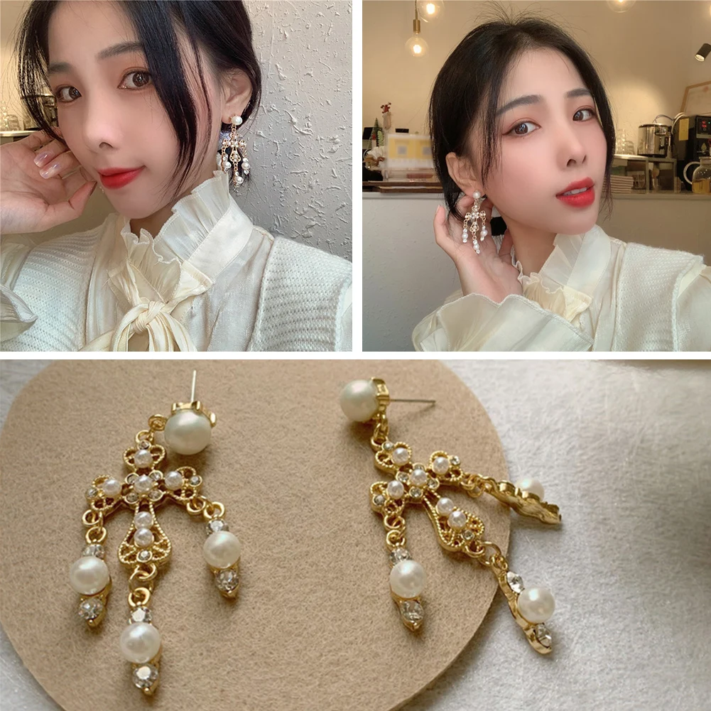 

Vintage Palace Golden Pearl Hanging Earrings For Women Wedding Baroque Bohemia Fine Drop Earrings Female Elegant Jewelry Gift
