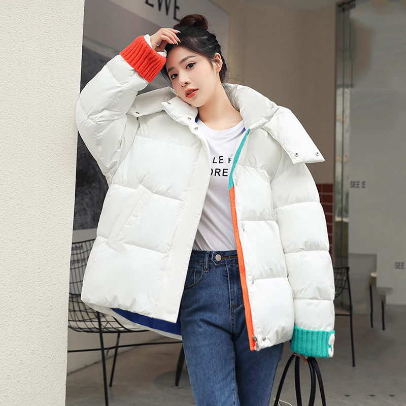 

2023 New Thick Warm Lady Tops Fluffy Cotton Padded Jackets Winter Coats Women's Bread Clothes Knitted Cuffs Hooded Loose Parkers