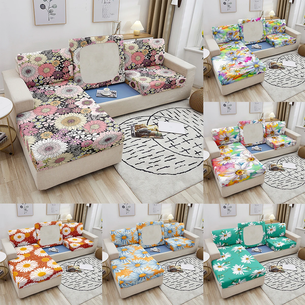 

Fresh Flower Sofa Seat Cushion Cover Chrysanthemum Print Sofa Slipcover Pets Kids Furniture Protector For Living Room