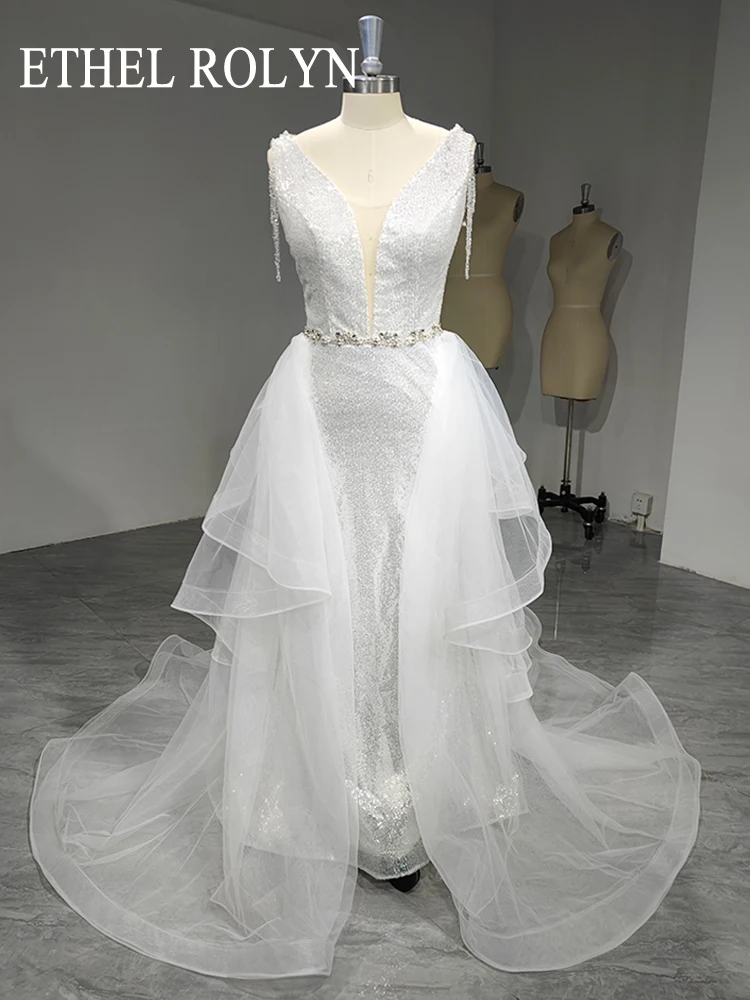 

Женское свадебное платье с юбкой годе ETHEL ROLYN, блестящее платье с открытой спиной и глубоким V-образным вырезом, со съемным шлейфом, 2022
