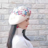 wool female beret embroidery flower winter bud qiu dong folk painter hat tide restoring ancient ways of literature and art