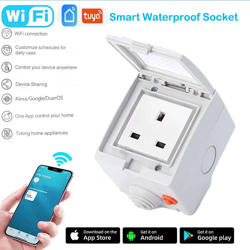 Tuya 16a fr ue Reino Unido Eua Wifi Tomada Inteligente Ip55 Parede do Banheiro à Prova Impermeável Água Fonte de Alimentação Jack com Vida Inteligente App Controle Remoto