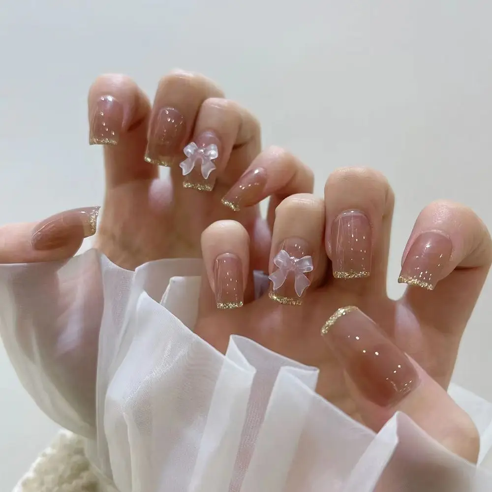 

24pcs Detachable Full Cover Bow Long Aurora Rhinestone Fake Nails False Nails