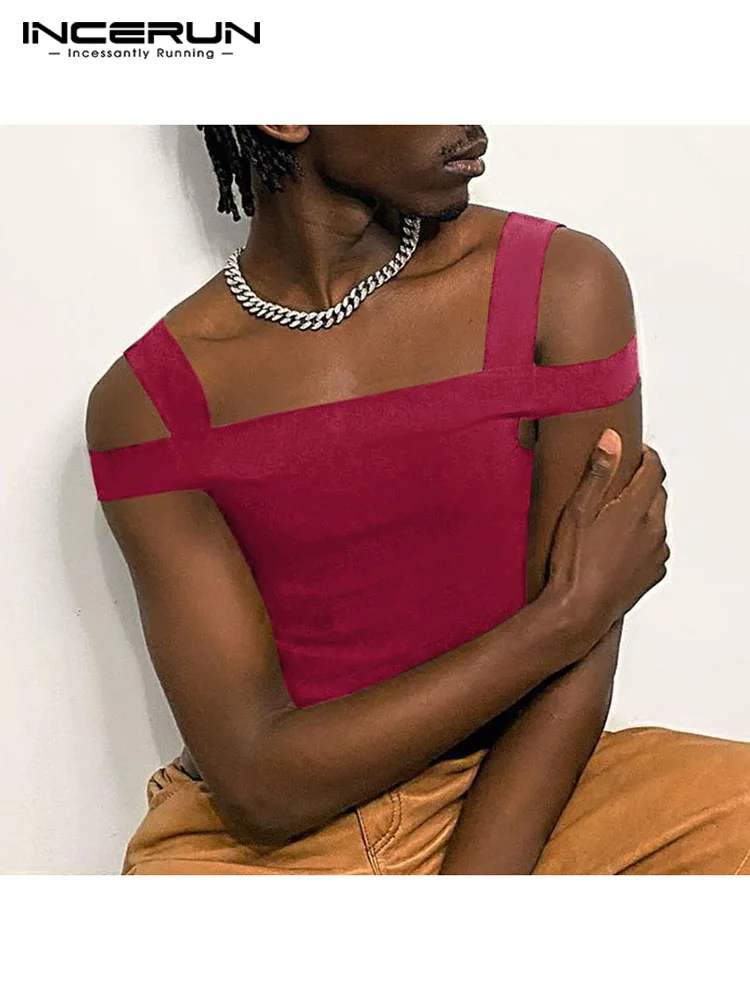

INCERUN Fashion Men Tank Tops Solid Color Sleeveless Streetwear 2022 Casual Vests Off Shoulder Skinny Sexy Men Clothing S-5XL