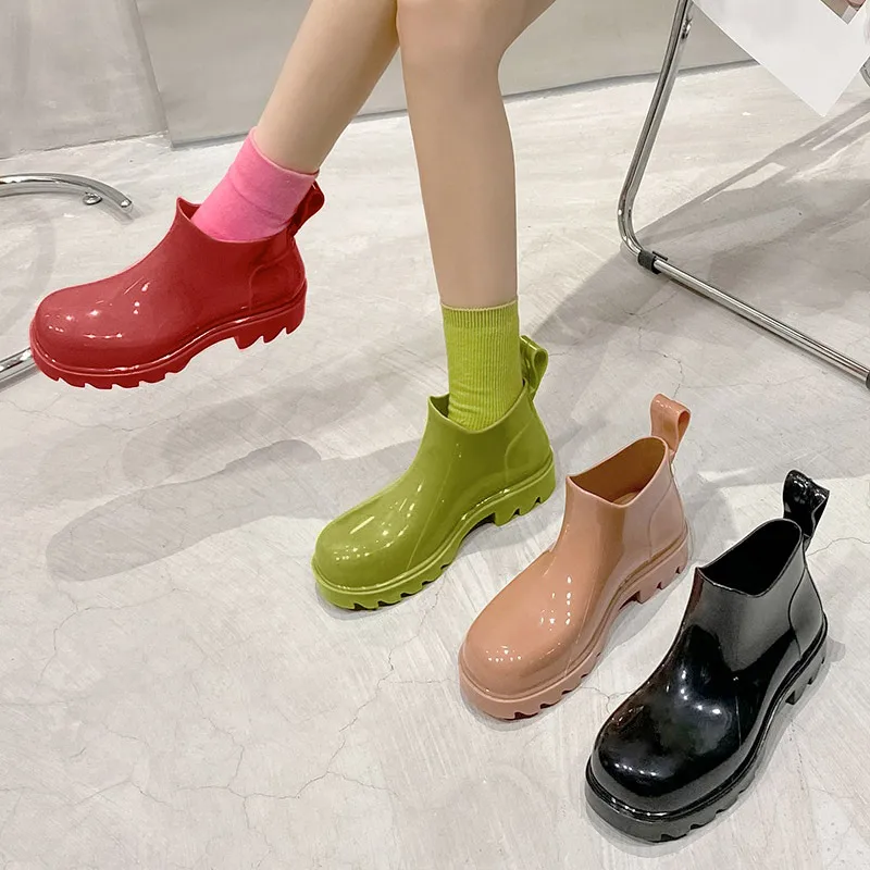 

2022 New Women Rain Boots PVC Fashion Platform Slip On Female Shoes Ladies Soild Color No Slip Thick Bottom Casual Short Boot