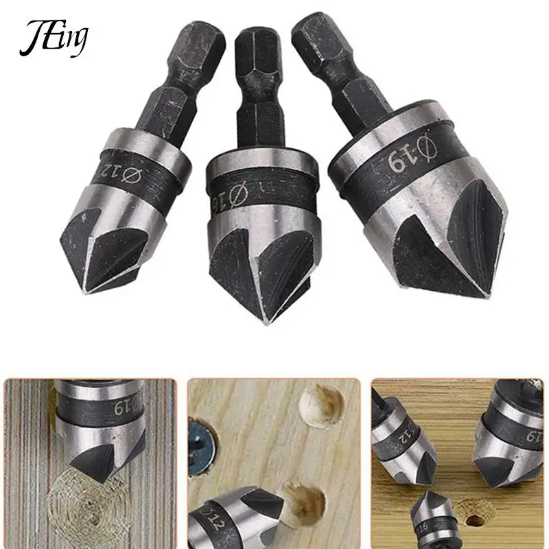 

3pcs 90 Degrees Chamfer Drill Bit Set 12/16/19mm 5 Flute Woodworking Drill Bit Cutter Countersink Drill Bit Set Metal Drilling