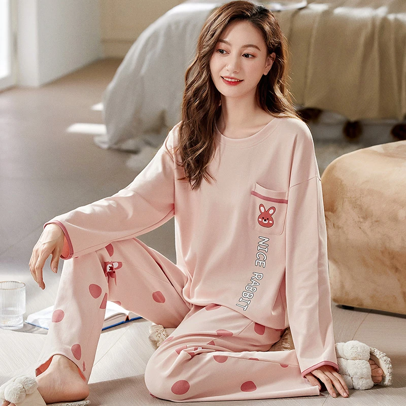 CAIYIER 2022 Flower Cotton Nightwear Cute O-Neck Simple Casual Pajamas Set Autumn Winter Soft Underwear Sleepwear Home Clothing