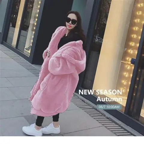 Korean Fashion Rex Rabbit Fur X Long Women Fur Jacket Long Warm Thick Coats Thickened Long Hooded Fur Coat Faux Fur Coat Women