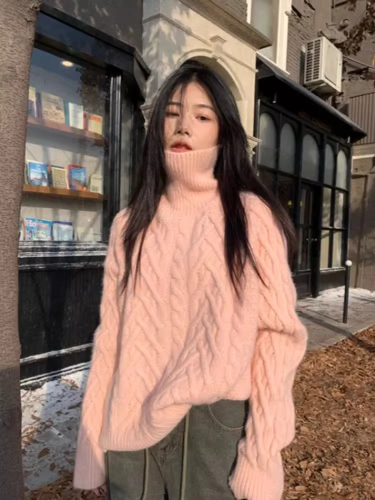 Розовый свитер с высоким воротником женский осенне-зимний утолщенный верхний