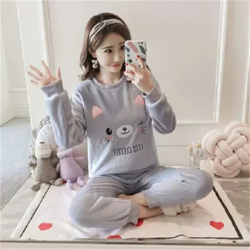 Pajamas Set Sexy Sleepwear For Women Pink Cartoon Sweet Pyjama Women's Flannel Winter 2022 Fashion Homewear Clothes Big Size