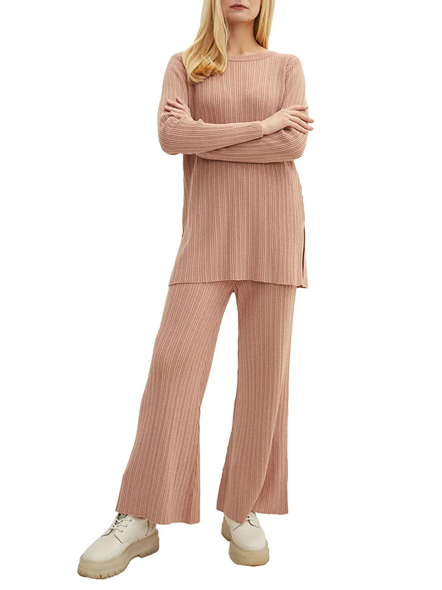 

Женский комплект из двух предметов, свитер, вязаный пуловер с длинным рукавом, топ, широкие брюки в рубчик, одежда для отдыха, спортивный костюм