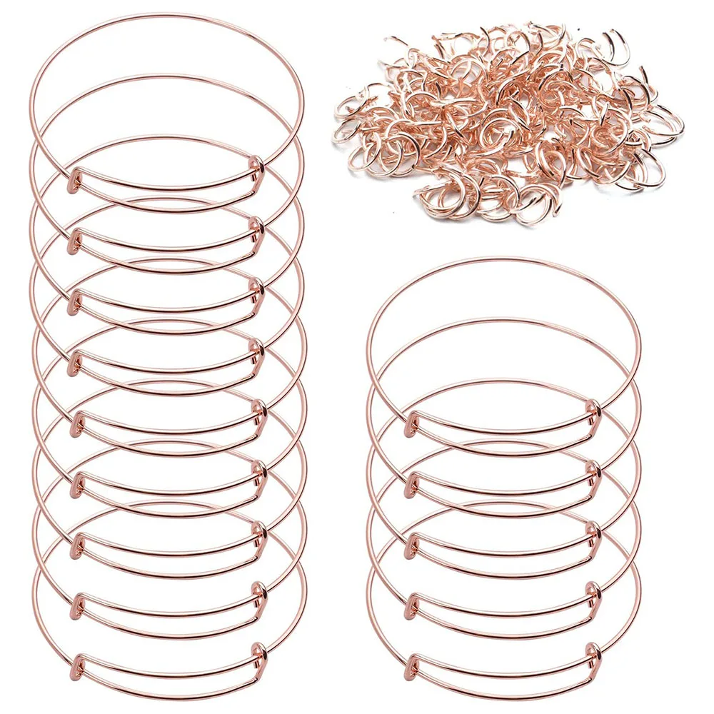 

20 Pieces Adjustable Wire Blank Bangle Bracelet Expandable with 100 Pieces Open Rings for Women's DIY Jewelry Making - 2.6 inch