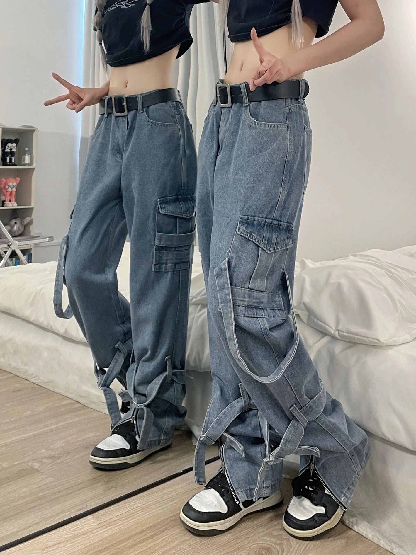 

American Vintage Jeans 2023 New Women's Loose Straight Casual Overalls Blue Street High Waist Zipper Cotton Elastic Denim S-XL