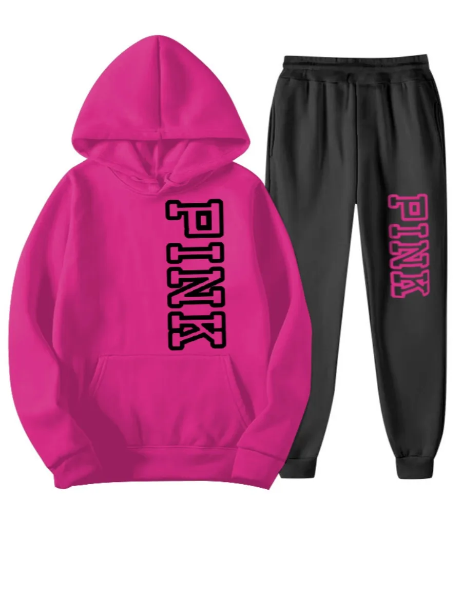 LW Plus Size 2PCs Autumn Winter Women Pink Letter Print Kangaroo Pocket Tracksuit Set Long Sleeve Hoodie Top+Casual Pants Suits