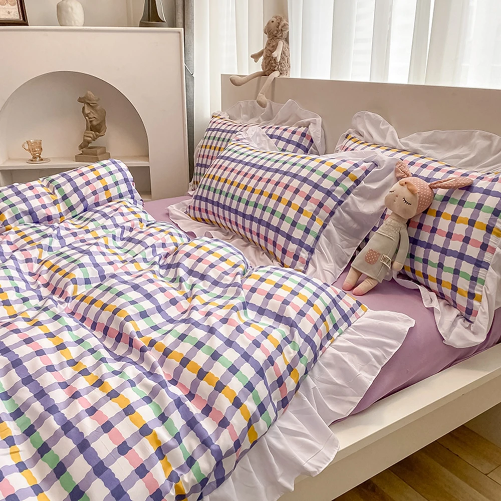 

Ruffles Bedding Purple Plaid Color Double Bed Linens Quilt Duvet Cover Pillowcase Queen Size Flat Sheet Grid for Girl Boy Prince