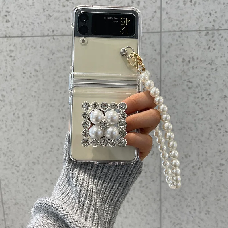 

Чехол для Samsung Galaxy ZFlip3, оригинальные прозрачные чехлы с алмазным жемчугом, держатель для телефона Z Flip 3 Samsung F7110, чехол