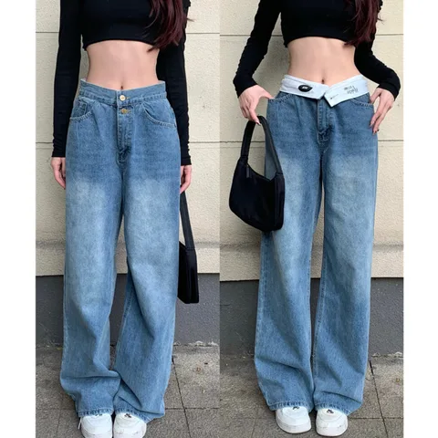 Women's Jeans Woman High Waist Female Clothing Y2k Denim Streetwear Straight Leg Jeans Korean Fashion Vintage Clothes Pants Blue