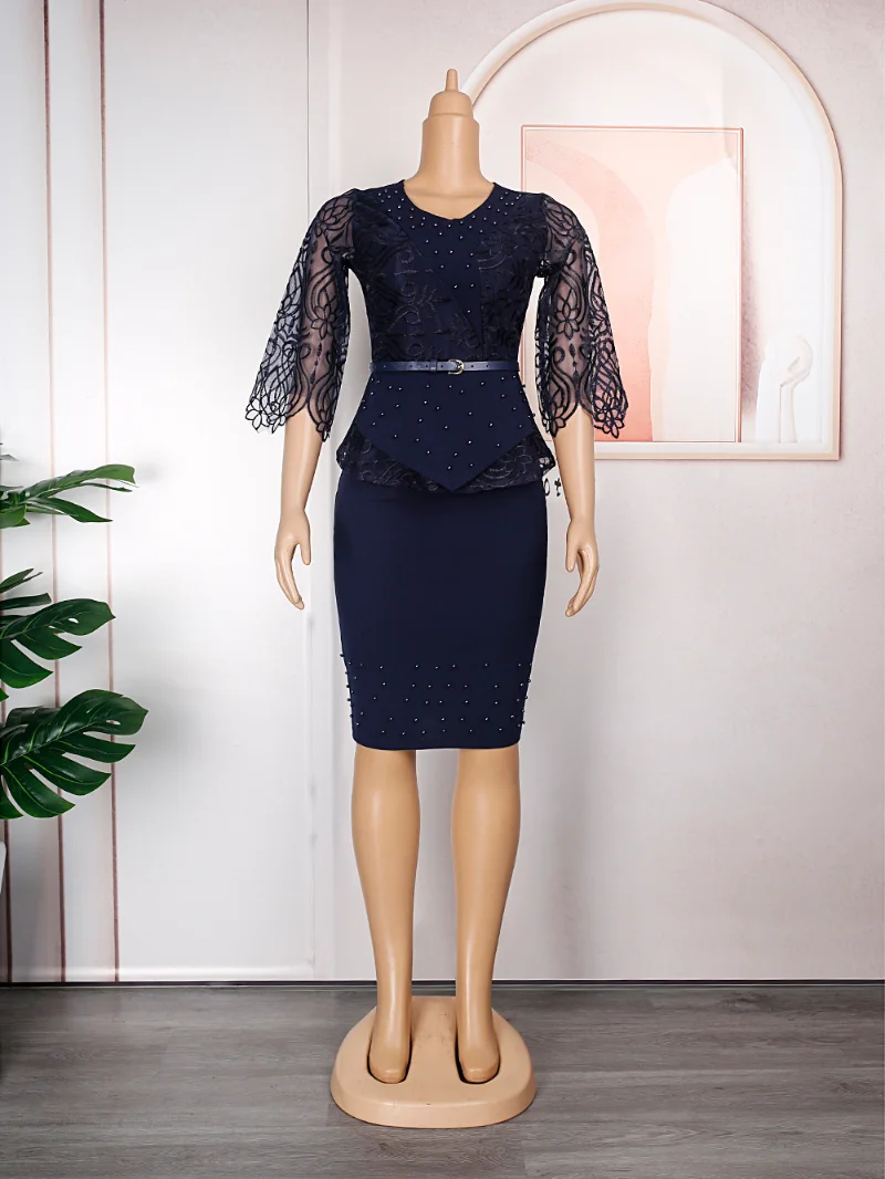 Elegant Lace 2 Piece Sets Women Outfit Beads V Neck Ruffle Top with Belt Package Hips Back Slit Skirt Summer Formal Event Outfit