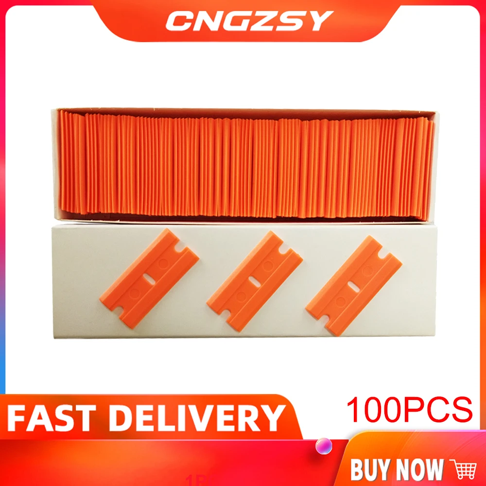 

CNGZSY 100pcs Razor Blades 1.5" Plastic Double Edged Blade For Sticker Glue Scraper Ceramic Oven Spatula Car Wrap Cleaner E14