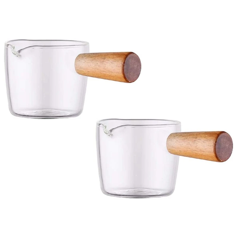 

2PCS Transparent Glass Creamer with Wooden Handle Mini Coffee Milk Creamer Pitcher. 100Ml