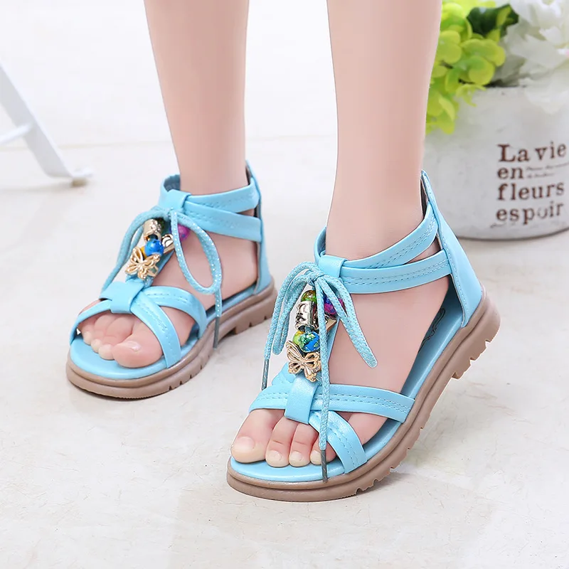 

2023 Summer Korean Version Girls' Beaded Sandals Roman Shoes Princess Shoes Middle and Big Children's Shoes