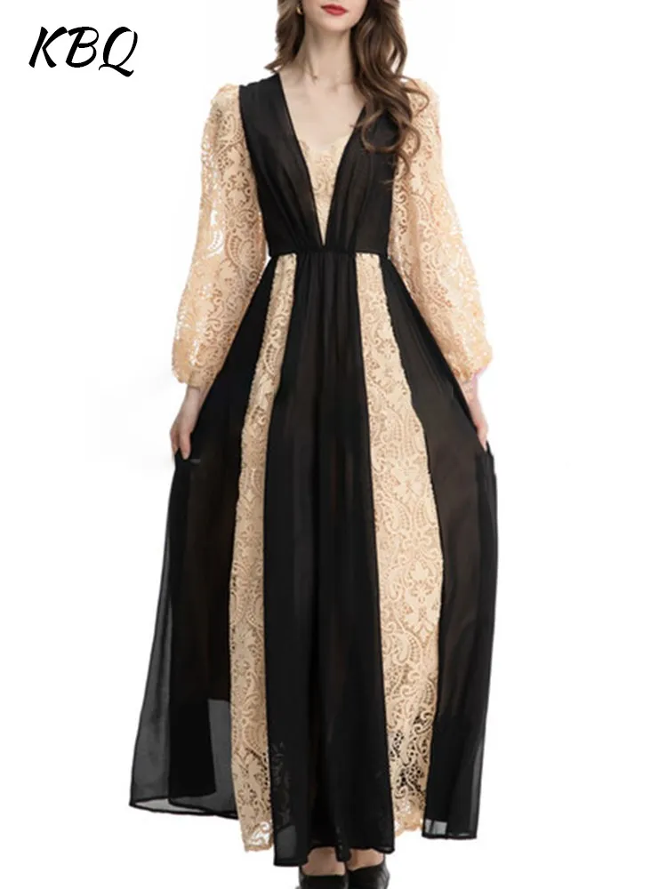 

KBQ-Hook Flower Hollow Elegant Dresses for Women, V Neck, Long Sleeve, High Waist, Slimming, Casual, Female Fashion Clothing,New