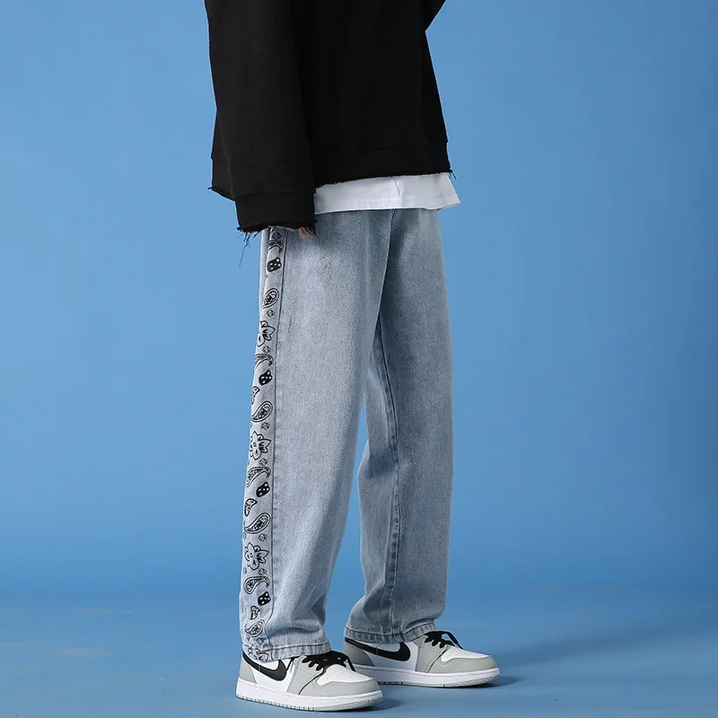 Men's Jeans New Fashion Cashew Flower Jeans Hong Kong Wind Trend Stitching Wide-leg Straight-leg Pants Streetwear Мужские джинсы