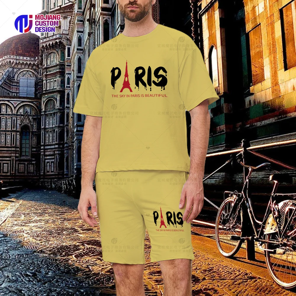 Eiffel Tower and Slogan Graphic Print Men's T-Shirts Graphic Summer Cotton Shorts High-end Graphic Hip Hop Tops Shirt Sets