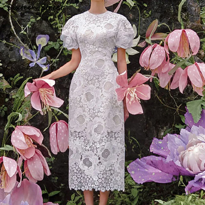 

Женское кружевное платье с коротким рукавом, Белое Облегающее Платье с круглым вырезом и цветочной вышивкой, лето-весна 2023