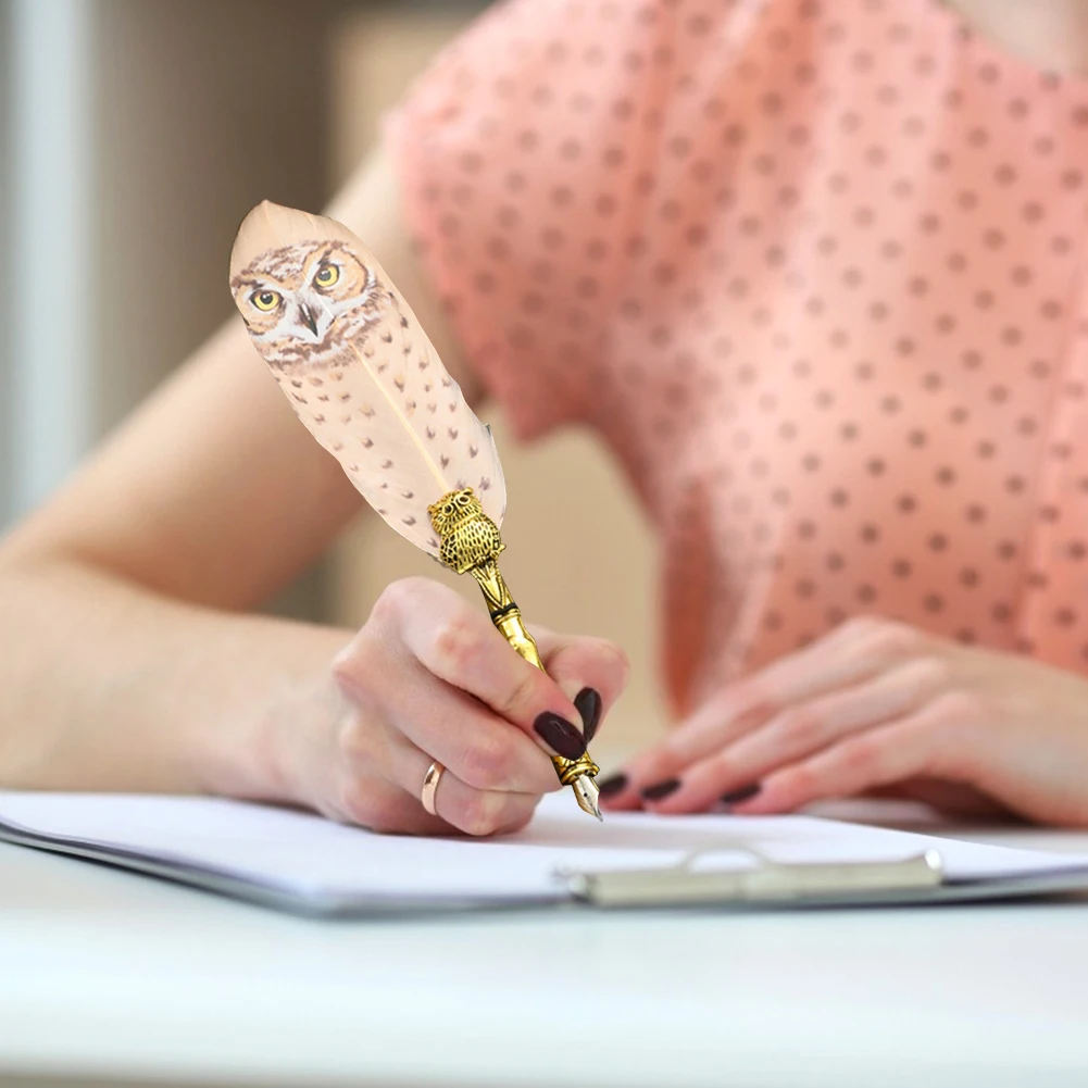 

Creative Fountain Pen Box Set with Calligraphy Owl Feather Dip Pen Stamp Wax School Writing Supplies for New Year Gifts