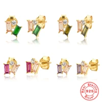 gold color 925 sterling silver multicolor zircon stud earrings for women simple purplegreenrose redolive green fine jewelry