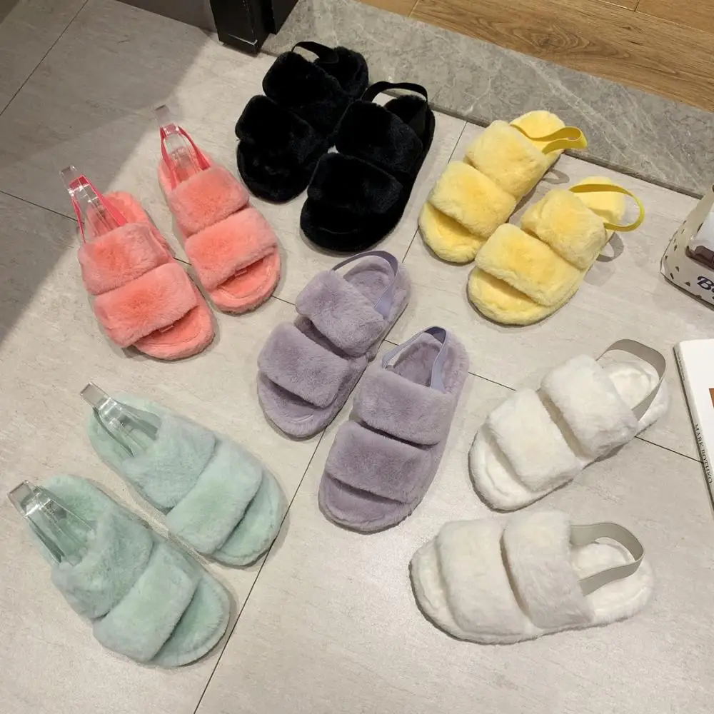 

Mr Co Fluffy Women's Outdoor Plush Fur Sandals Home House Slippers With Rubber Soles Non-Slip Indoor Slippers For Home Use