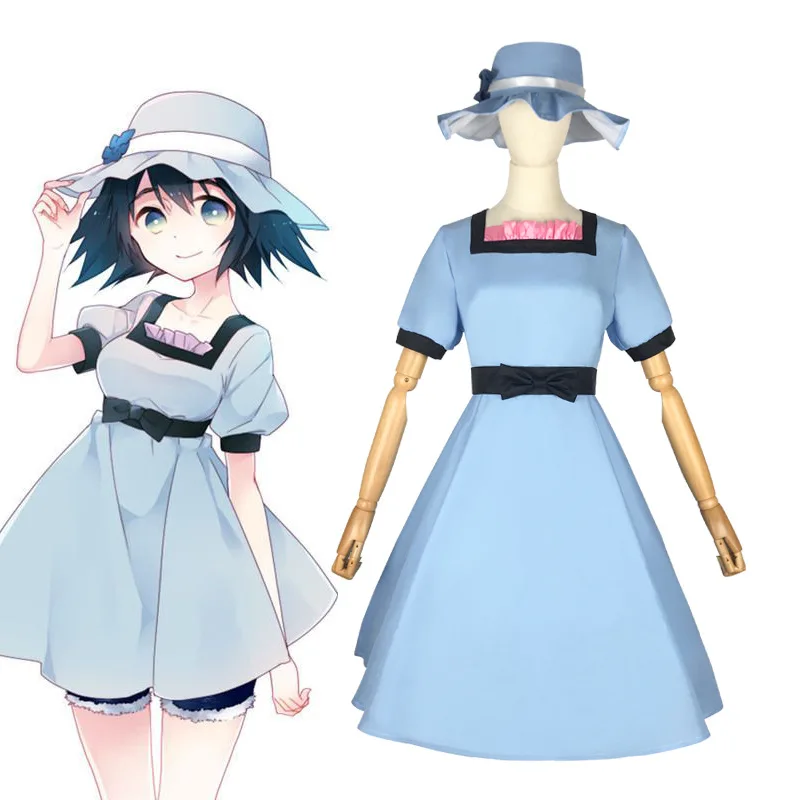 

Anime Steins Gate Shiina Mayuri Cosplay Costume Blue Dress with Hat Party Role Play Dresses Halloween Purim Party Clothes