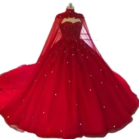 luxury red lace wedding dresses plus size with cape crystal ball gown women bridal bride dress wedding gowns