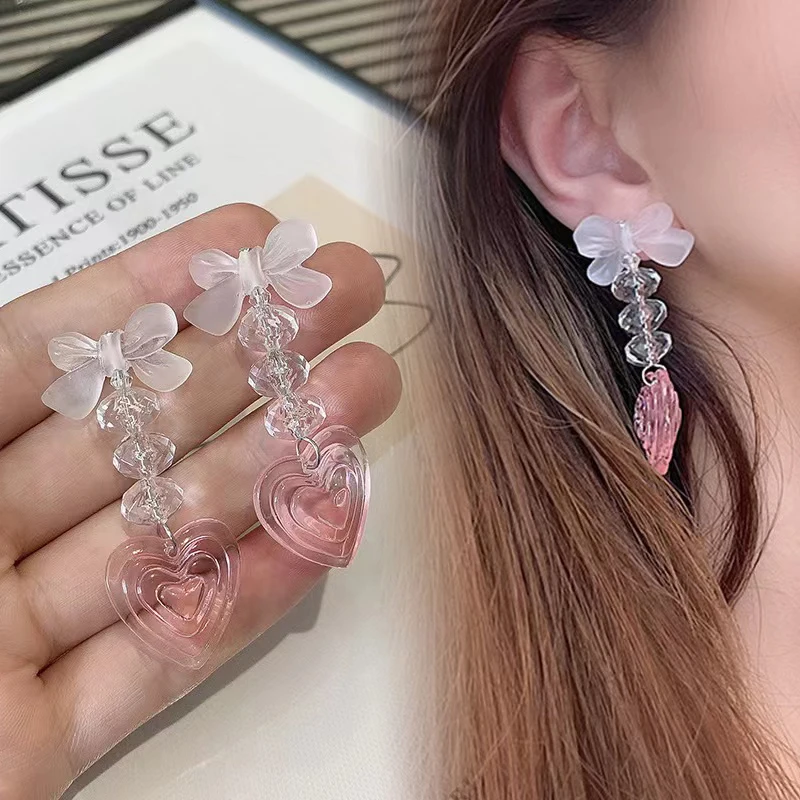 

2PCS Bow-knot Pink Ear Piercings Stud Earrings S925 Silver Sweety Women Heart Lobe Piercing Earrings Korean Ears Jewelry Y2k