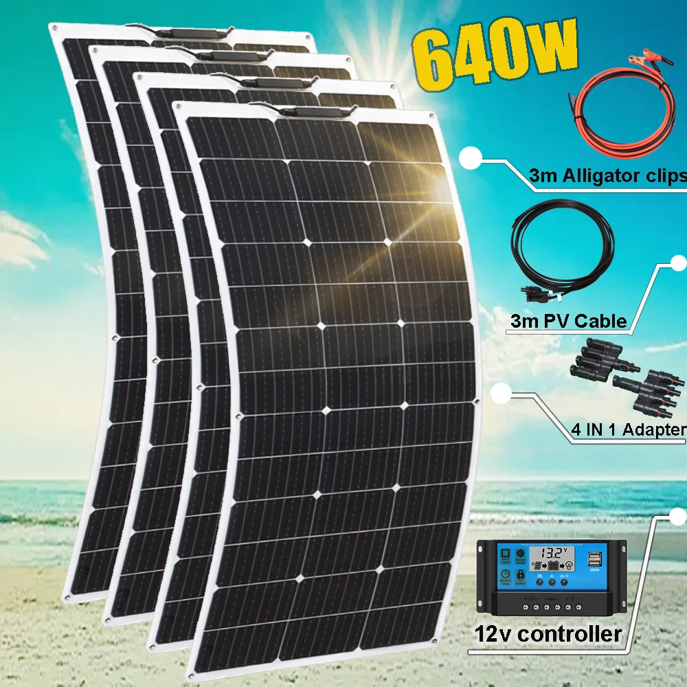 

640w 600w 480w 450w 320w 300w solar panel flexible 12v kit complete photovoltaic panel home system for motor home camper 1000W